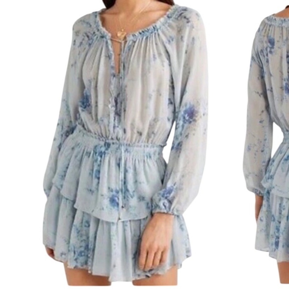 LoveShackFancy Silk Floral Mini Dress Purple Blue Long Sleeve Ruffle Size Medium
